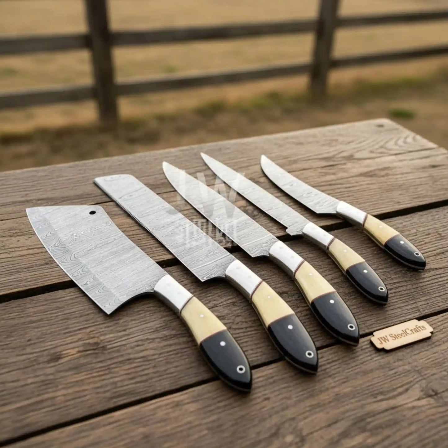 Handmade Damascus Kitchen Knife Set with Wood and Resin Handles | Precision Cutting Performance