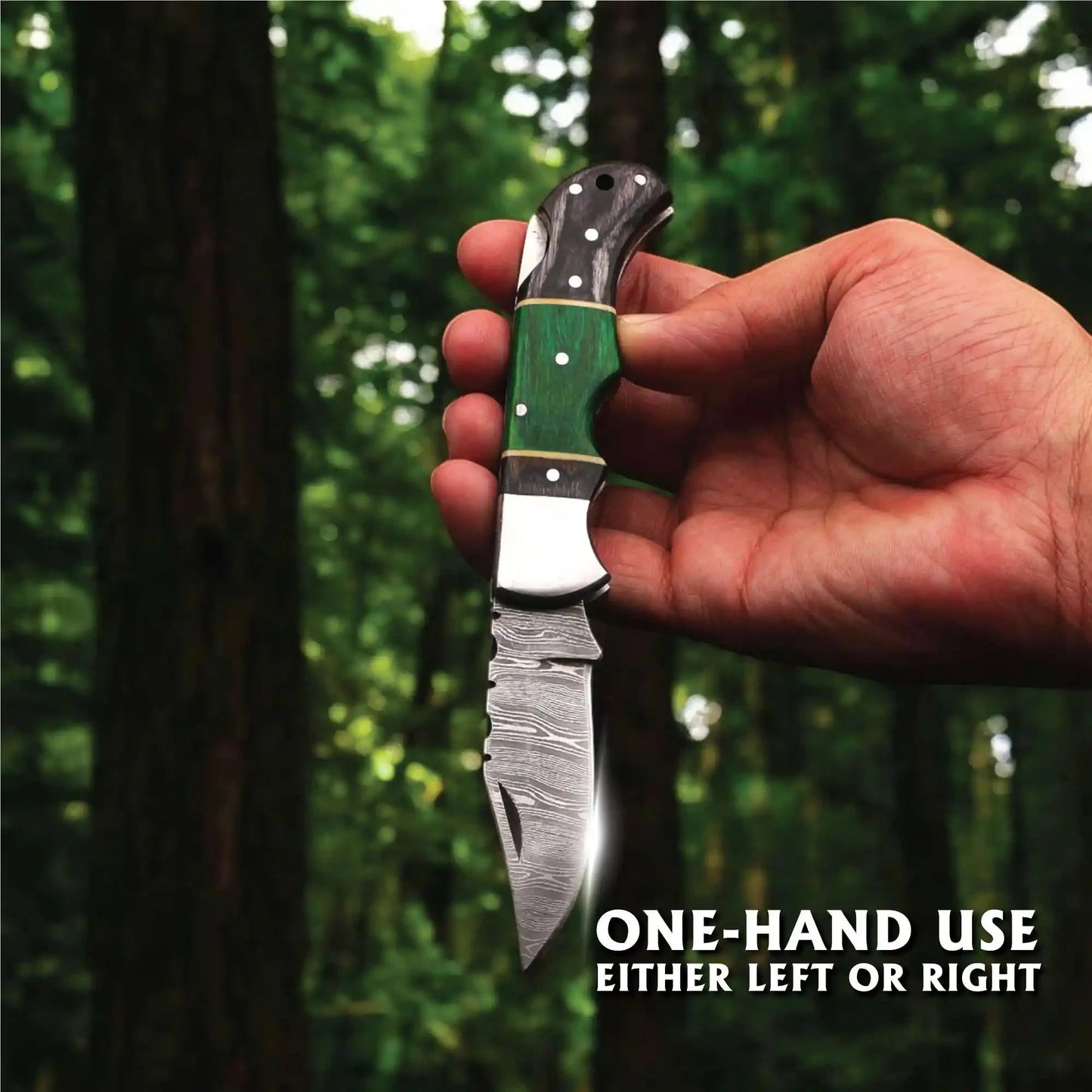 Hand Forged Damascus Steel Folding Knife β Pakka Wood Handle with Leather Sheath