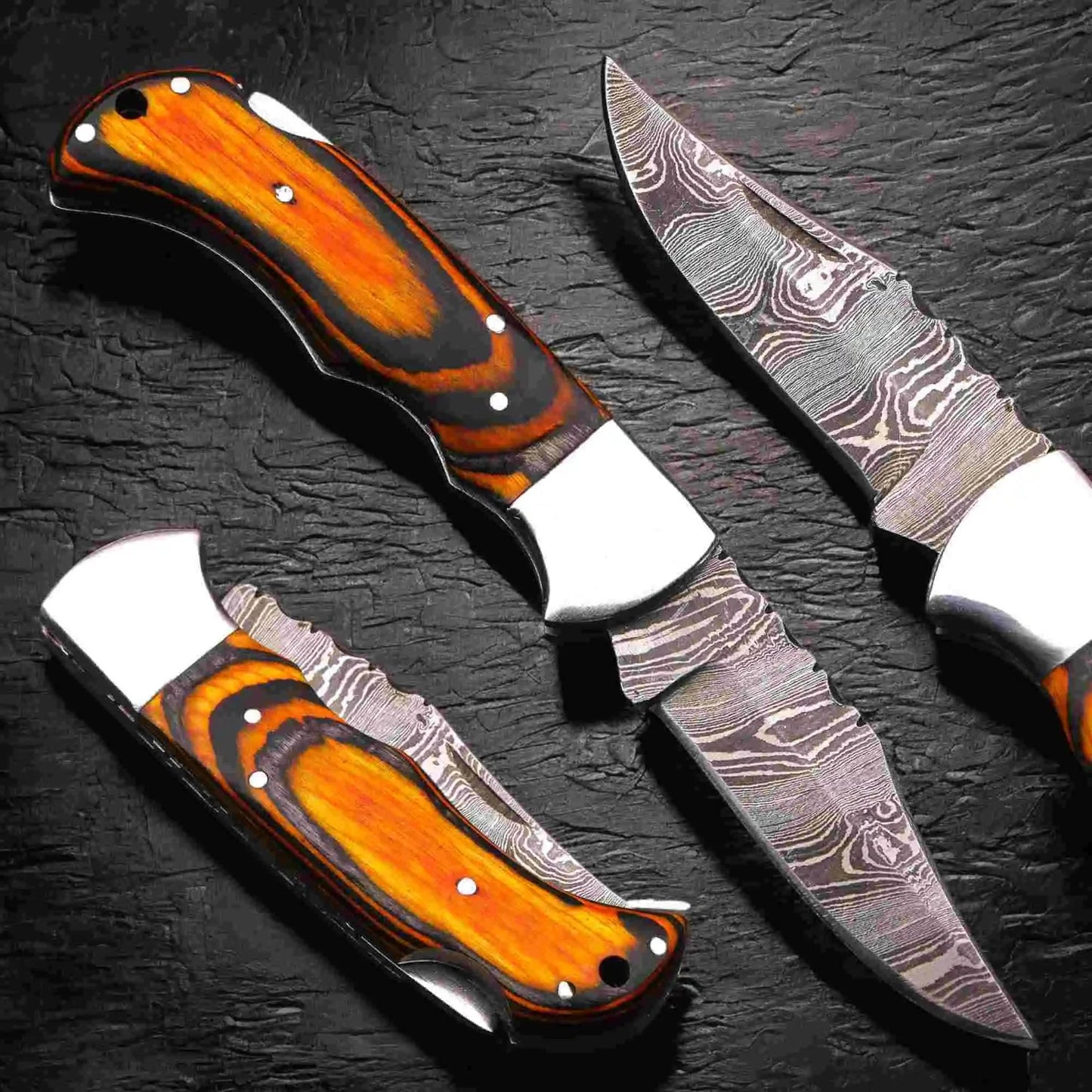 Handmade Damascus Folding Knife β Pakka Wood Handle (4 Color Variations)