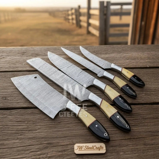 Handmade Damascus Kitchen Knife Set with Wood and Resin Handles | Precision Cutting Performance
