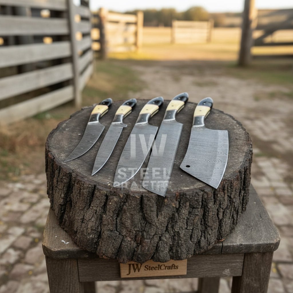 Handmade Damascus Kitchen Knife Set with Wood and Resin Handles | Precision Cutting Performance