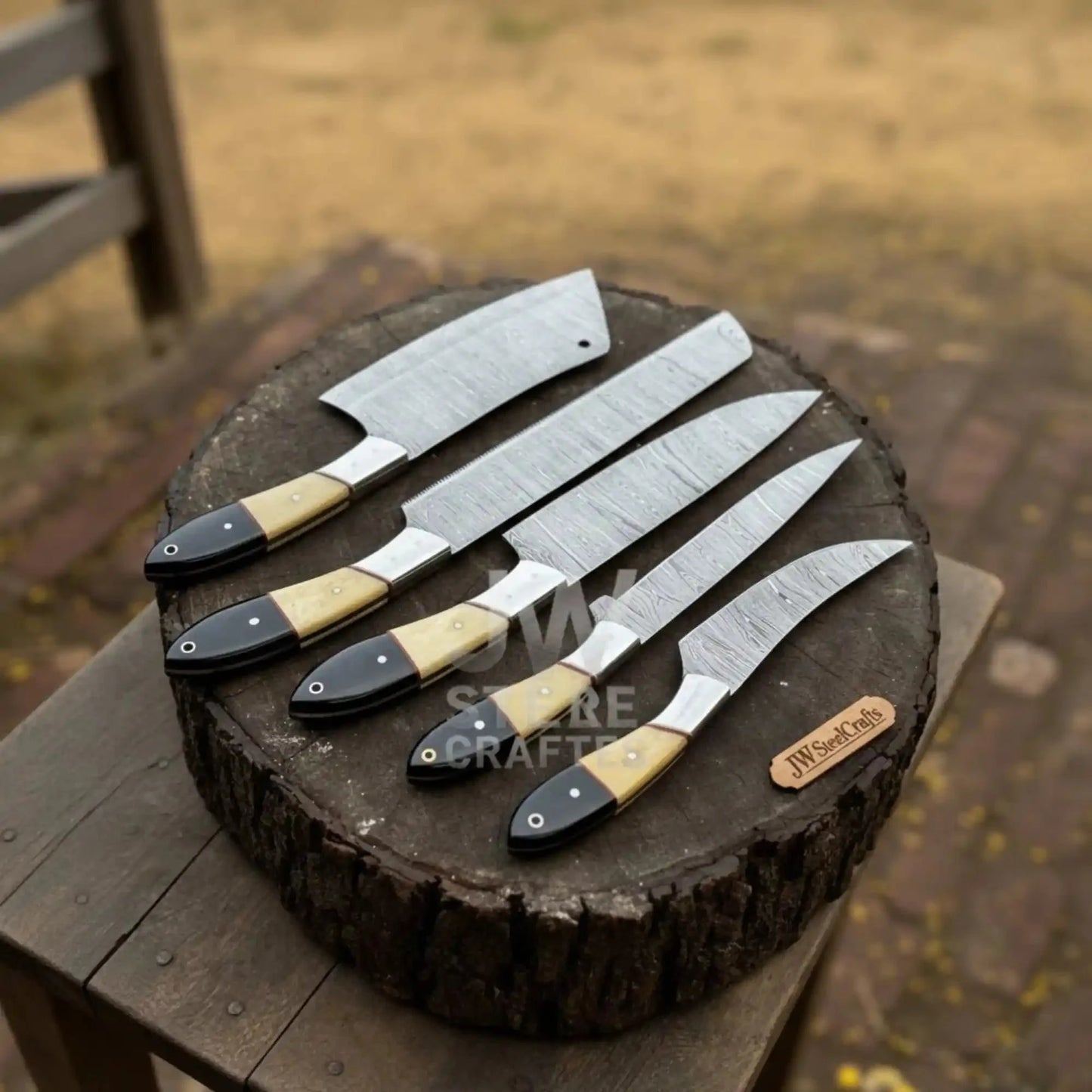 Handmade Damascus Kitchen Knife Set with Wood and Resin Handles | Precision Cutting Performance