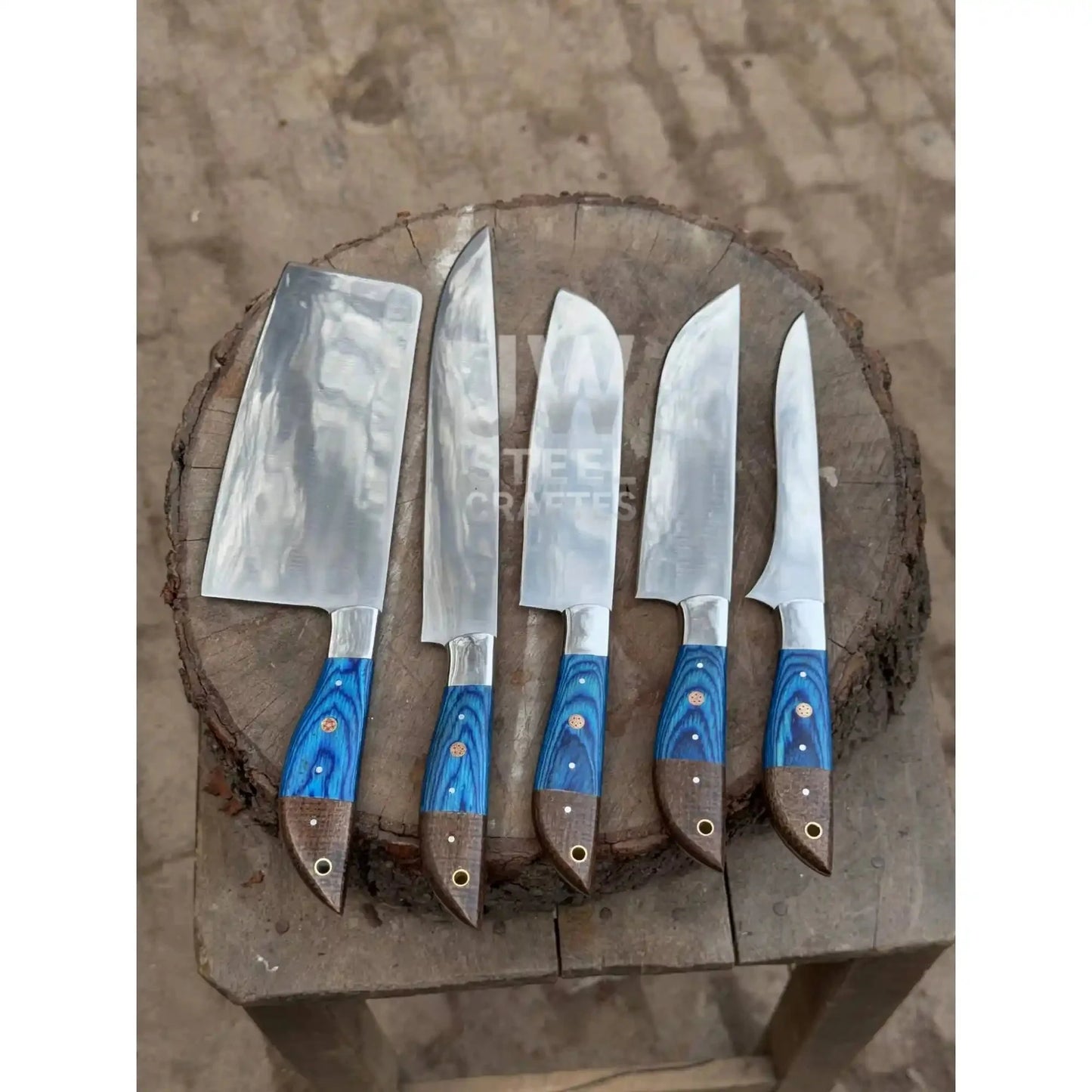 5-Pc Handmade Chef Knives — Blue Pakka Wood Handles, Stainless Blades (Cleaver + Prep Set)
