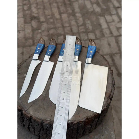 5-Pc Handmade Chef Knives — Blue Pakka Wood Handles, Stainless Blades (Cleaver + Prep Set)