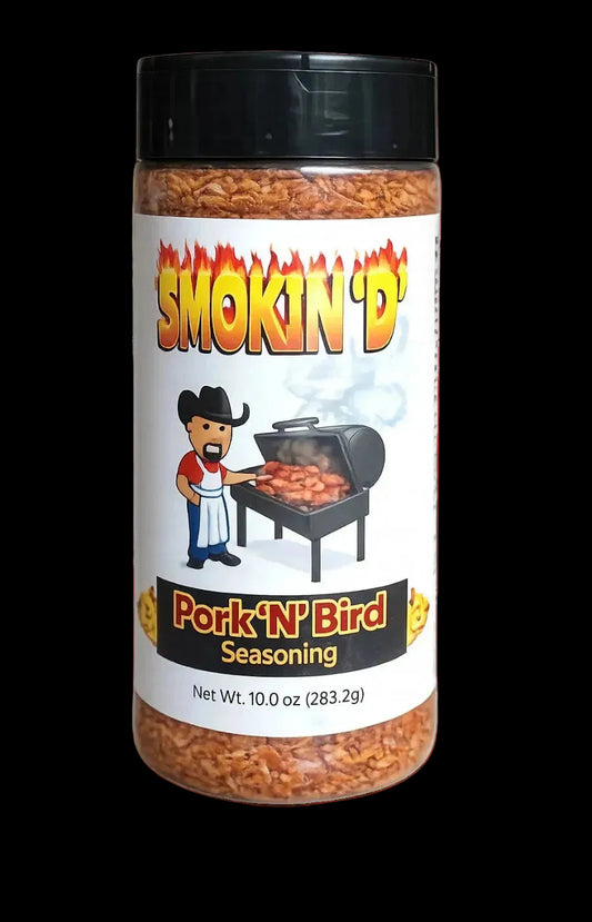 Smokin 'D' Pork-N-Bird meat seasoning.